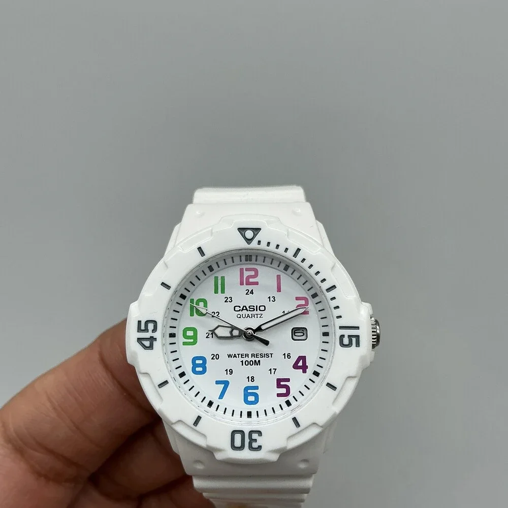 Casio White Quartz Watch with Multicolor Numerals